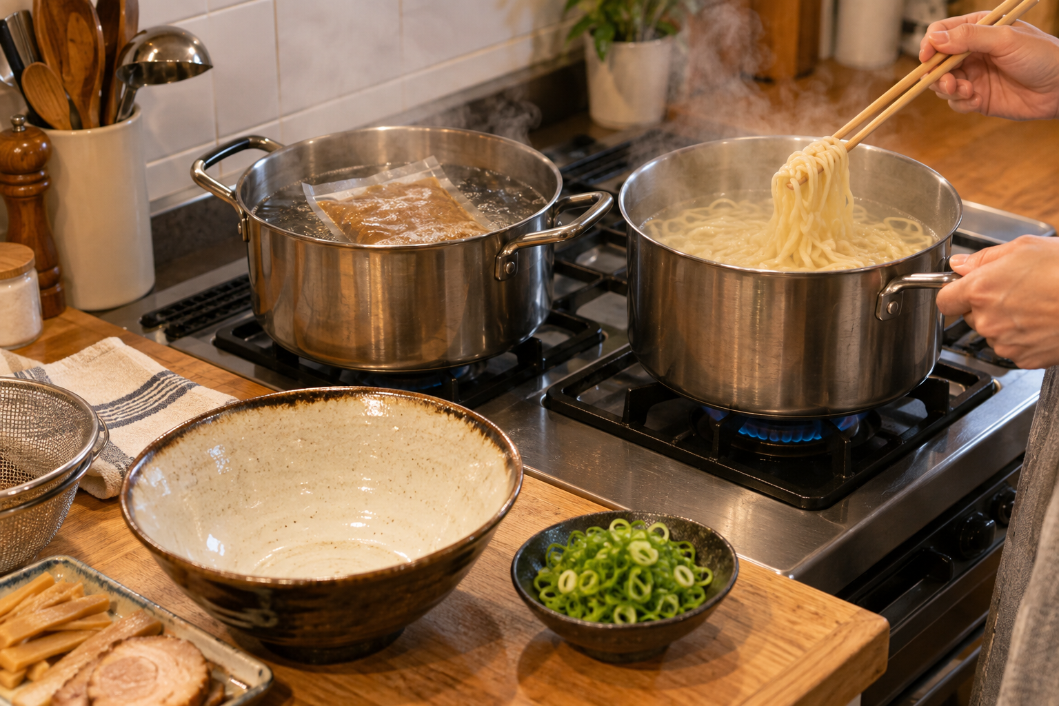 二つの鍋で冷凍スープを湯煎し麺をゆでる調理イメージ