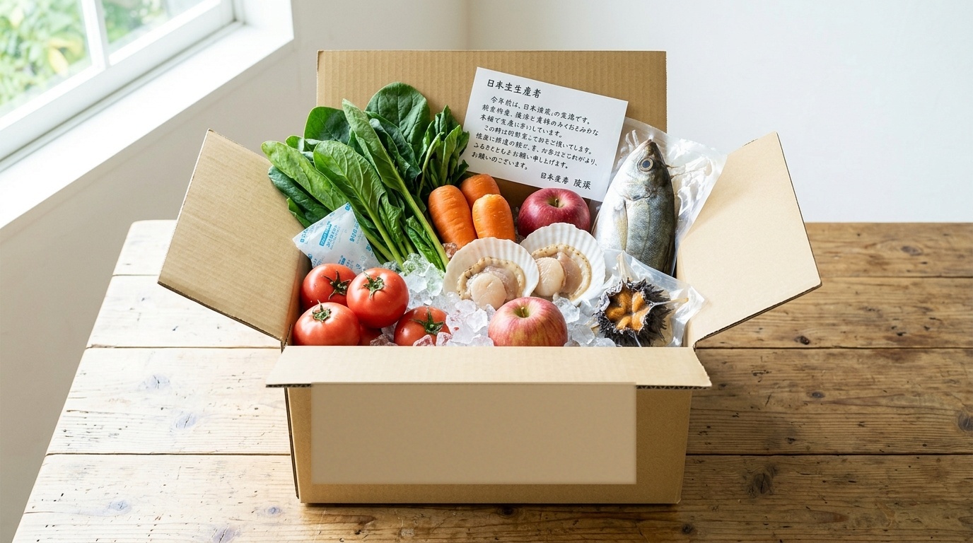 届いたばかりの新鮮な返礼品を開封する様子