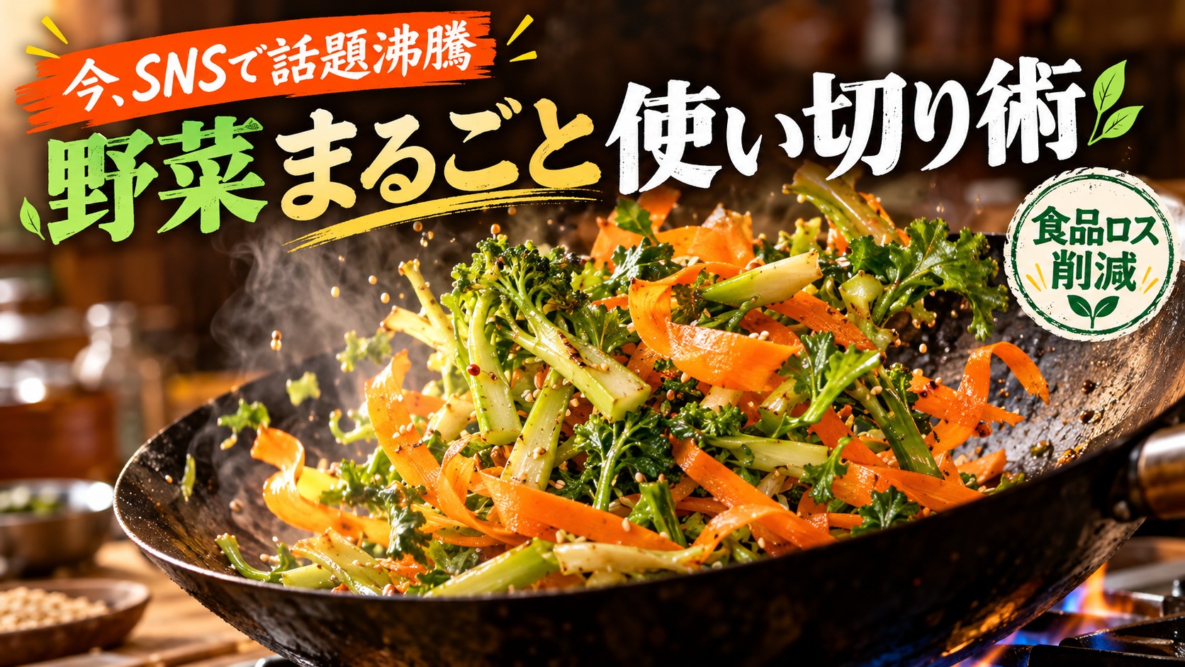 野菜くず活用術のタイトル文字が入ったアイキャッチ画像 ブロッコリーの茎や大根の葉を使った炒め物