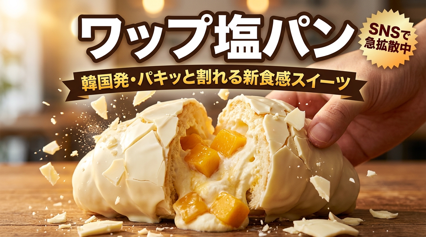 白いチョコレートの殻がパキッと割れてクリームがあふれるワップ塩パンにタイトルを重ねた写真
