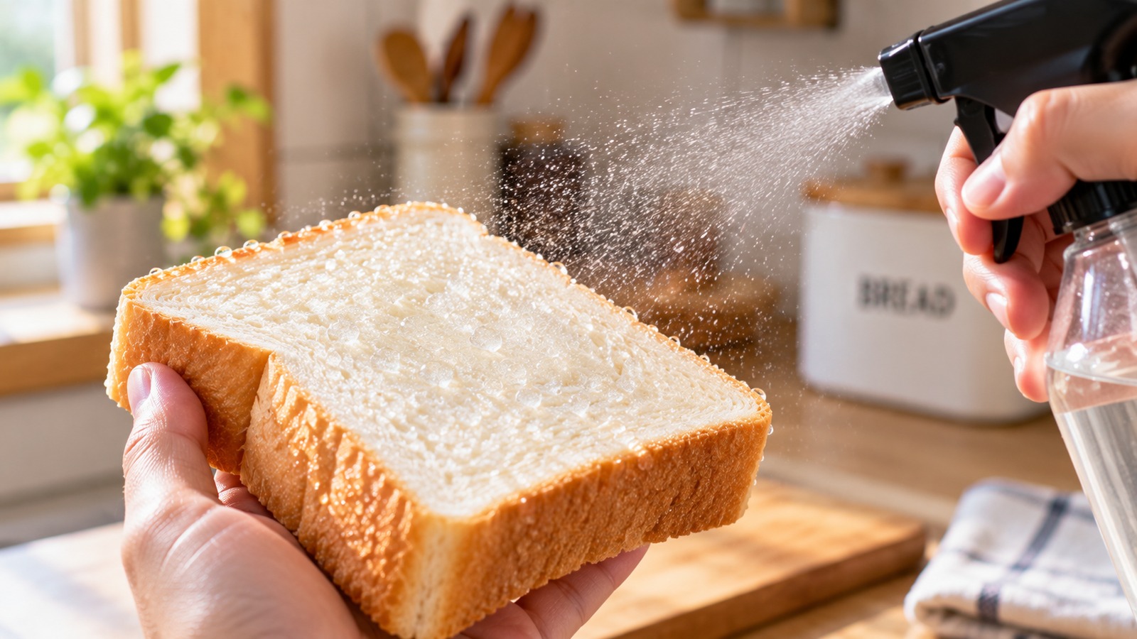 霧吹きで食パンの表面を軽く濡らす様子